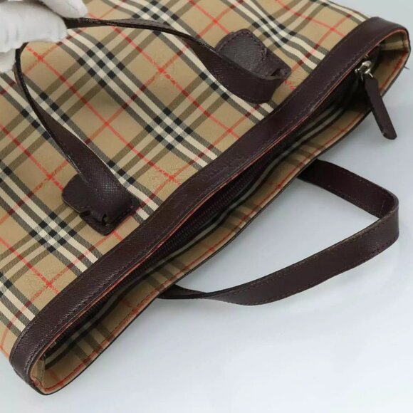 Burberrys Nova Check Hand Bag Canvas Leather Beige Brown Silver Auth - Picture 10 of 15